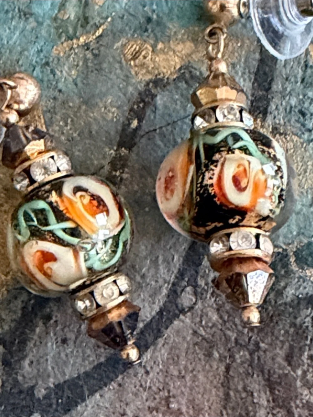 Handmade blown glass orange flowers crystal rhondelles posts pierced earrings